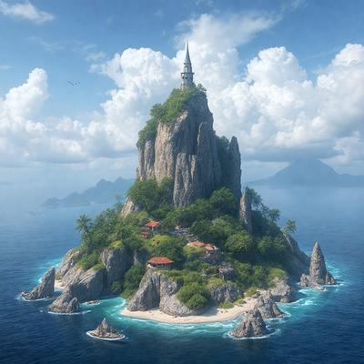 The primary subject of the image is a large, rocky island with a castle-like structure on top. The island is surrounded by water, and there are several birds flying in the sky. The setting is a beautiful blue ocean, and the visual style appears to be a digital art or illustration. The colors and mood of the image are vibrant and lively, with the blue ocean and the castle-like structure creating a sense of adventure and wonder.